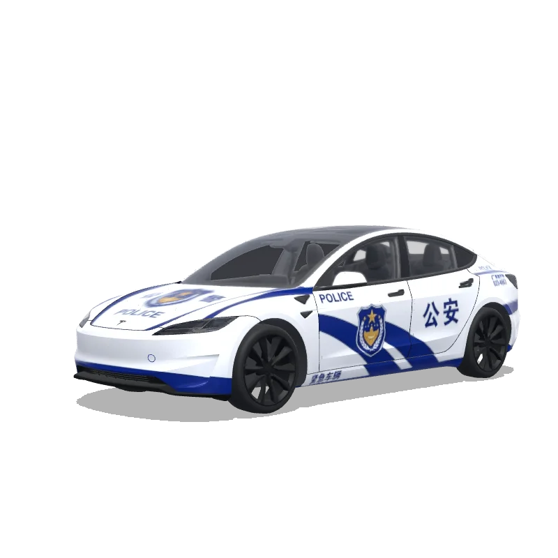 Tesla Model 3 (2024+) wrap design - 警车涂装，蓝白条纹，官方徽章和紧急车辆标记