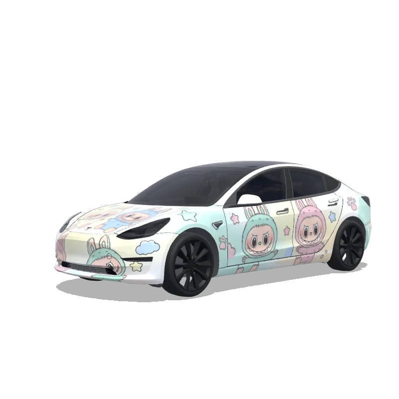 Tesla Model 3 wrap design - Create a fresh and cute Labubu cartoon car cover model.