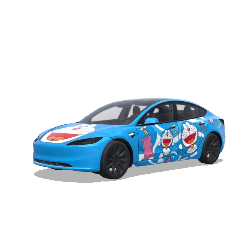 Tesla Model 3 (2024+) wrap design - make me a car wrap by filling in this template based on doraemon design