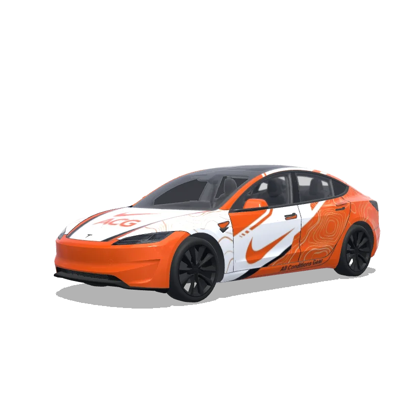 Tesla Model 3 (2024+) wrap design - All Conditions Gear
white & orange
swoosh logo & acg logo on the front