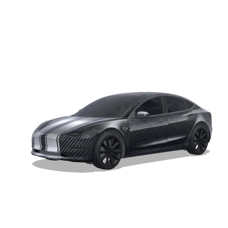 Tesla Model 3 wrap design - Carbon fiber texture with metallic accents, racing stripes