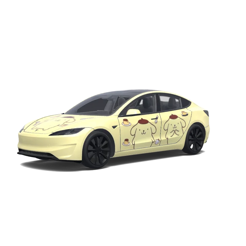 Tesla Model 3 (2024+) wrap design - 布丁狗主題，只要引擎蓋．車門上有布丁狗，其餘部分使用奶黃色即可.