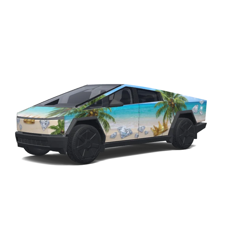 Tesla Cybertruck wrap design - Diamonds and crowns on a tropical beach with trees and coconuts.