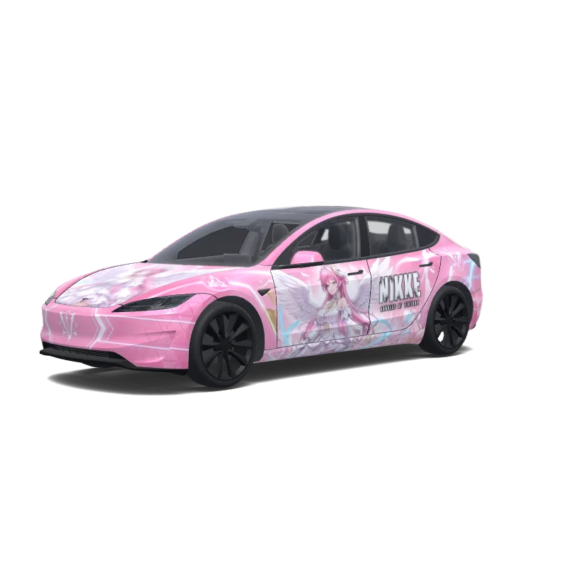 Tesla Model 3 (2024+) wrap design - 以游戏"nikke: goddess of victory"中的角色“桃乐丝” (dorothy)为原型设计涂装，主要颜色为粉红色.