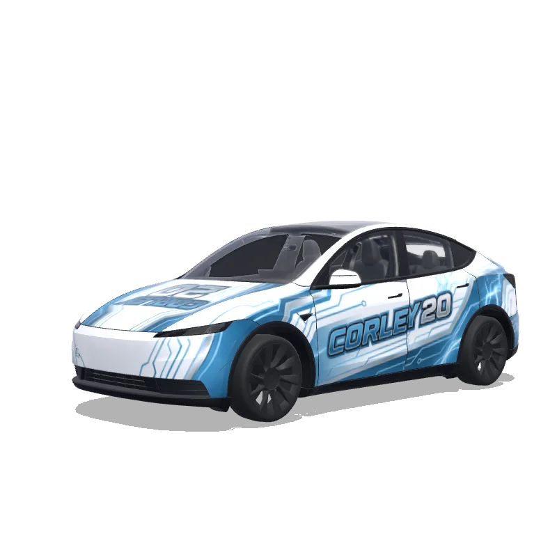 Tesla Model Y (2025+) wrap design - White with cool designs that say Corley 20