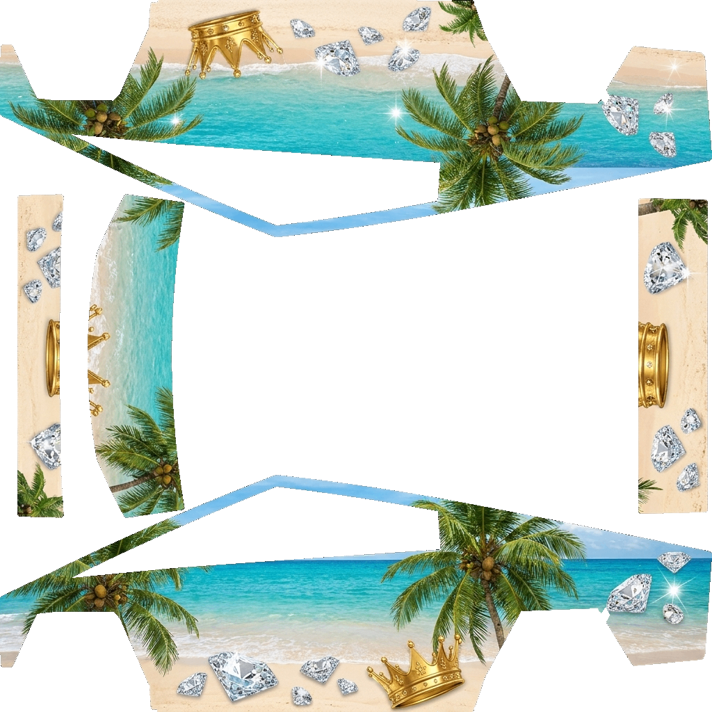 Tesla Cybertruck wrap design - Diamonds and crowns on a tropical beach with trees and coconuts.