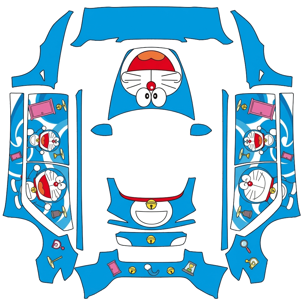 Tesla Model 3 (2024+) wrap design - make me a car wrap by filling in this template based on doraemon design