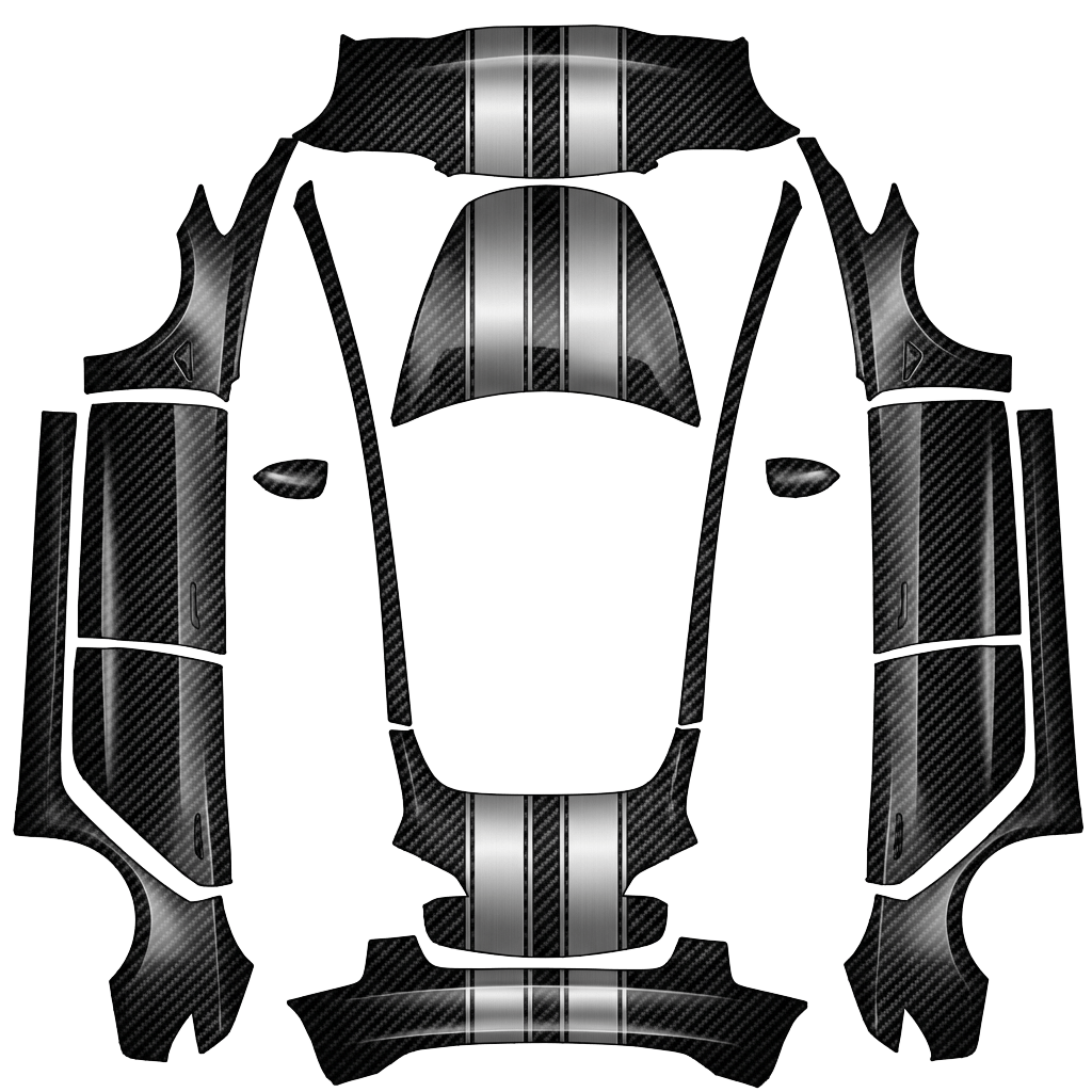 Tesla Model 3 wrap design - Carbon fiber texture with metallic accents, racing stripes