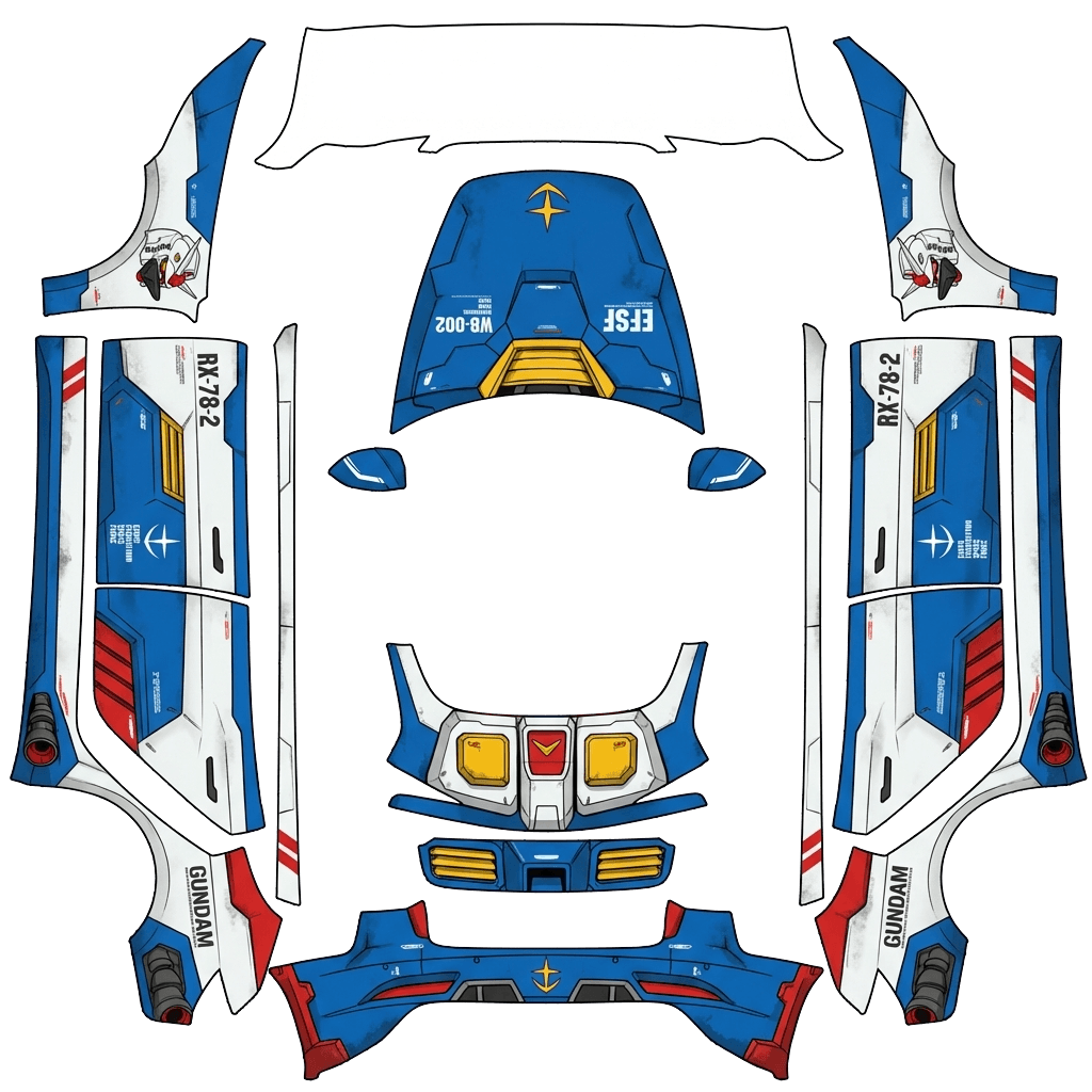 Tesla Model 3 (2024+) wrap design - make me a car wrap by filling in this template using the gundam rx 78 template