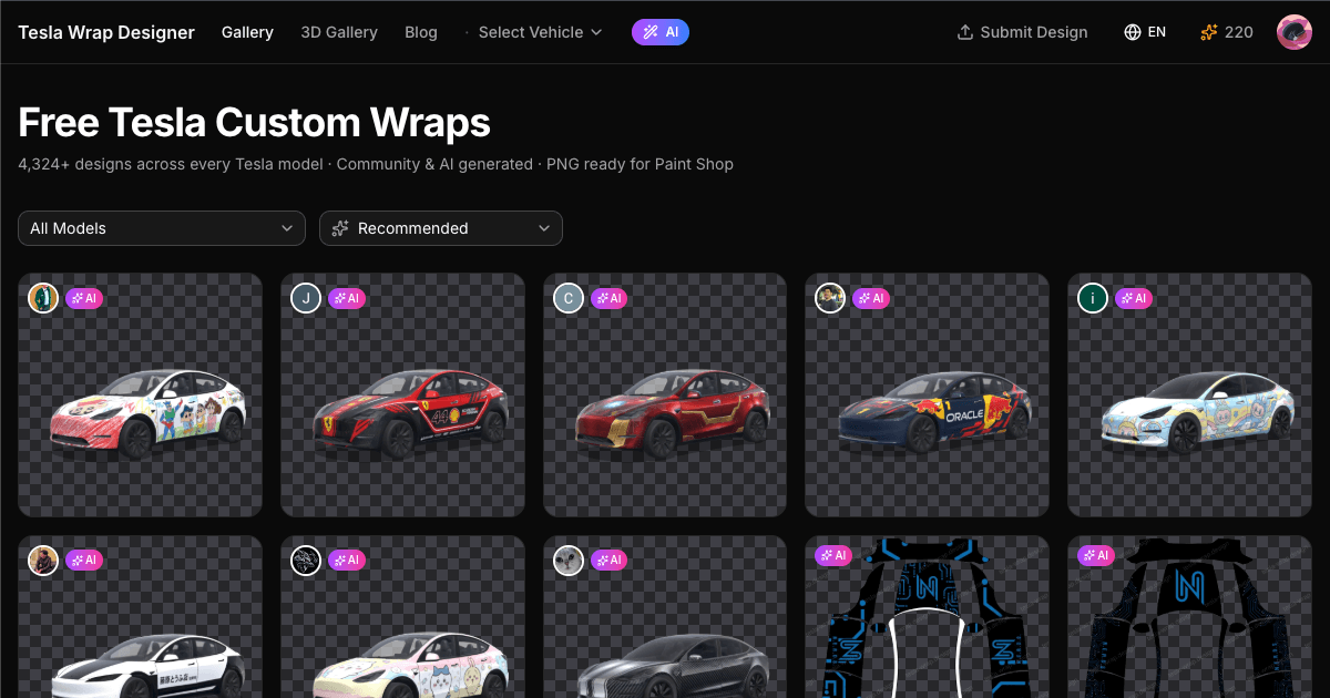 Tesla Wrap Gallery — browse community designs by model